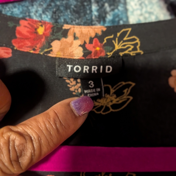 Torrid Black Tunic blouse with Pink, Red and Yellow Floral Print - Picture 3 of 3